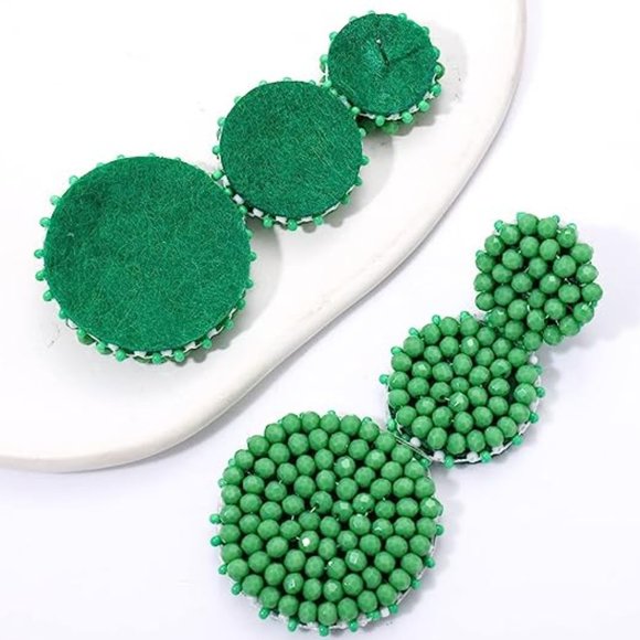 Green Beaded Triple Tier Statement Earrings 60s Bohemian Big Bold Boho Jewelry - Picture 2 of 6